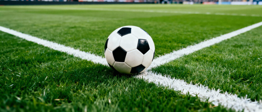 close-up of soccer ball resting on pitch before game