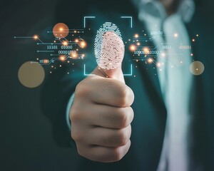Businessman fingerprint scan and biometric authentication. Concept of surveillance and security scan for digital cyber futuristic applications..