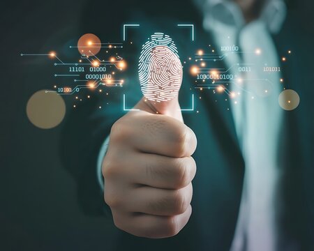 Businessman fingerprint scan and biometric authentication. Concept of surveillance and security scan for digital cyber futuristic applications..