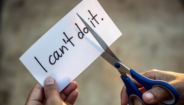 Scissors cutting paper with I can't do it to I can do it motivation inspiration
