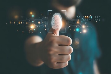 Businessman fingerprint scan and biometric authentication. Concept of surveillance and security scan for digital cyber futuristic applications..