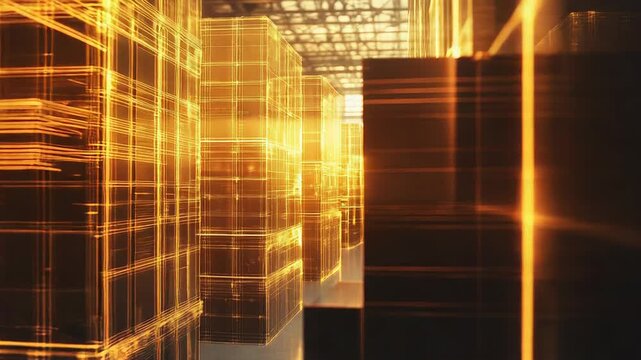 Digital warehouse system with glowing data lines representing logistics - Powered by Adobe