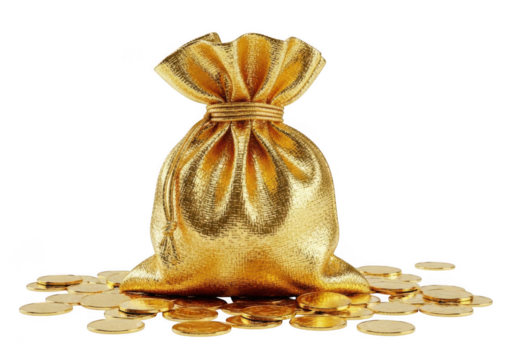 A golden drawstring bag overflowing with gold coins, isolated on transparent background