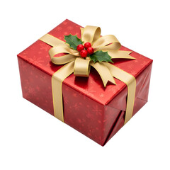 Obraz premium Festive Red Christmas Gift Box with Gold Ribbon and Holly Decoration - Elegant Holiday Present with Snowflake Wrap