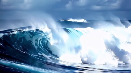 A vivid portrayal of a powerful wave breaking under a stormy sky.