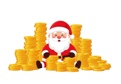Cartoon santa claus sitting on a large pile of gold coins, isolated on transparent background