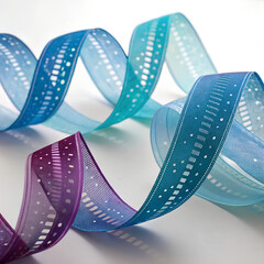 Blue and red ribbons in an abstract background with colorful, waving filmstrip vectors for a cinema-inspired photography design