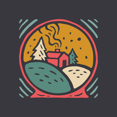 Snow Globe with Cabin and Pine Trees Illustration