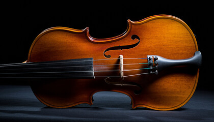 Fototapeta premium Viola da gamba with dark wood finish and black strings on a black surface string instrument