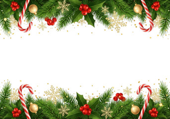 A festive christmas garland border with fir branches, holly berries, golden baubles, snowflakes, and candy canes, isolated on transparent background