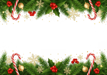 A festive christmas garland border with fir branches, holly berries, golden baubles, snowflakes, and candy canes, isolated on transparent background