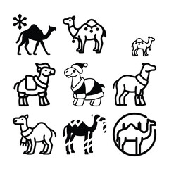 Collection of whimsical cartoon camels in various festive outfits and poses