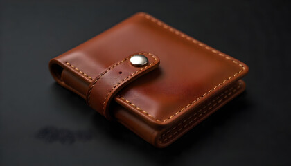 Classic Brown Leather Wallet with Button on Grey Background. 