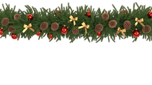 Festive christmas garland with pine cones and red balls isolated on transparent background