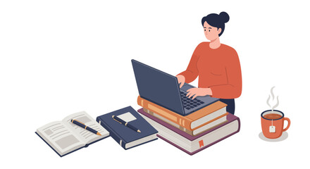 Woman uses Laptop on Book Stack with Tea