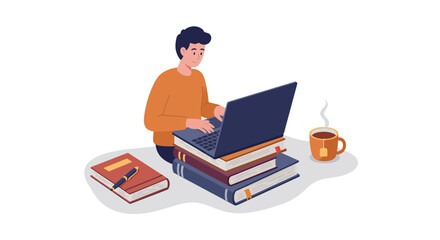 Person uses Laptop on Stack of Books with Tea