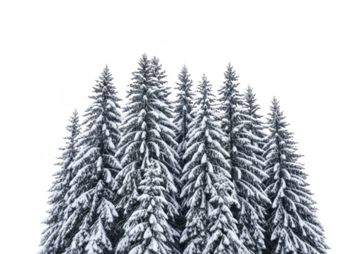 A dense cluster of snowcovered evergreen trees, creating a winter forest scene against a stark transparent background, isolated on transparent background - Powered by Adobe