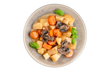 Potato stew mushrooms and vegetables natural tasty snack fresh delicious gourmet food background on the table rustic top view copy space keto and paleo diet vegerian and vegan food