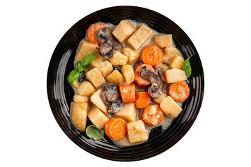 Potato stew mushrooms and vegetables natural tasty snack fresh delicious gourmet food background on the table rustic top view copy space keto and paleo diet vegerian and vegan food