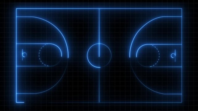 Neon blue basketball court schematic blueprint glowing lines on dark grid background digital animation abstract sports strategy concept - Powered by Adobe