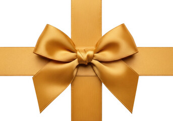 Fototapeta premium Golden satin ribbon bow tied on a cross of golden ribbon isolated on transparent background