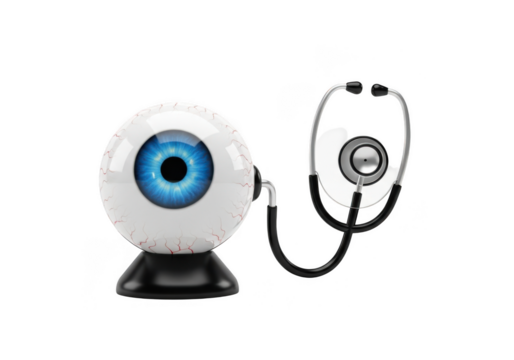 A stylized eyeball with a stethoscope attached, isolated on transparent background