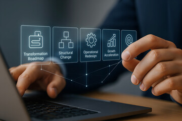 Business transformation roadmap with icons and laptop