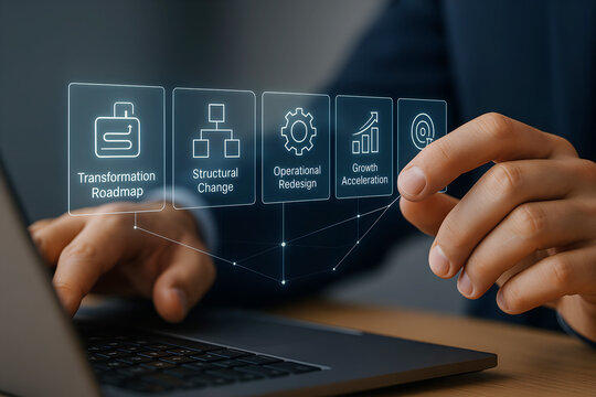 Business transformation roadmap with icons and laptop