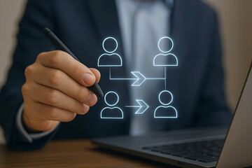 Businessman illustrates a hierarchical organizational chart with icons