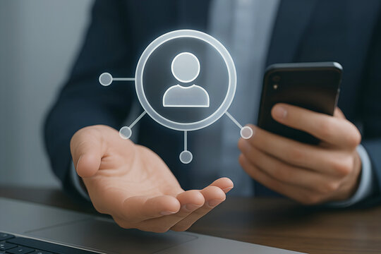 Businessman holding smartphone with glowing user network icon