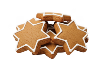 A pile of starshaped gingerbread cookies decorated with white icing, isolated on transparent background