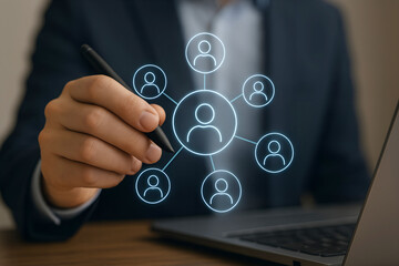 Businessman interacts with a digital network of people icons