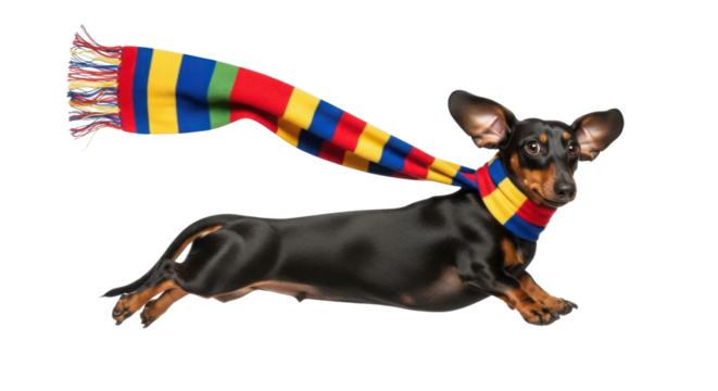 Dachshund dog running with scarf flying in the wind isolated PNG with Transparent Background
