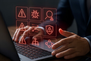 Cybersecurity Threat Icons on Digital Interface warning