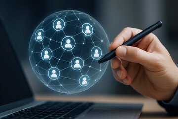 Global network of people icons connected by lines on a sphere