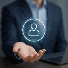 Hand offers a glowing user profile icon in a digital interface