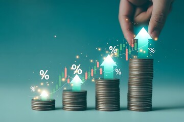 Businessman using laptop with heap of coins and arrow up with percentage symbol for financial increase interest rate or mortgage investment dividend from business growth concept..