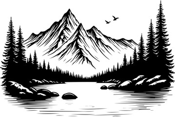 Mountain Lake Wilderness Illustration