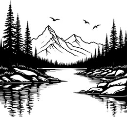 Mountain Lake Wilderness Illustration