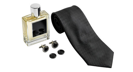 A mans dark tie, cufflinks, and cologne bottle isolated on transparent background