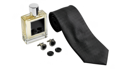A mans dark tie, cufflinks, and cologne bottle isolated on transparent background