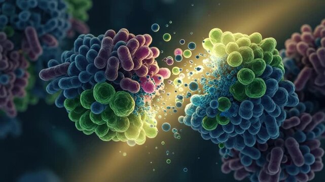 Close-up of vibrant cells interacting and exchanging materials, showcasing complex life processes
