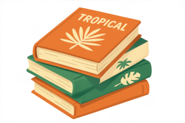 Stack of tropical books with palm leaves