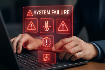 System failure alert on laptop screen with icons warning