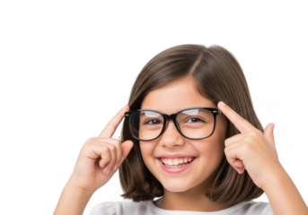 Young girl wearing glasses and smiling, pointing to her head isolated on transparent background