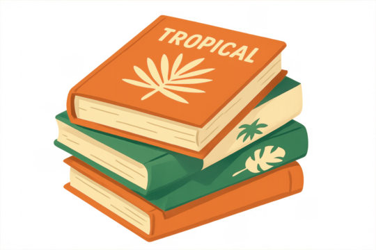 Stack of tropical books with palm leaves