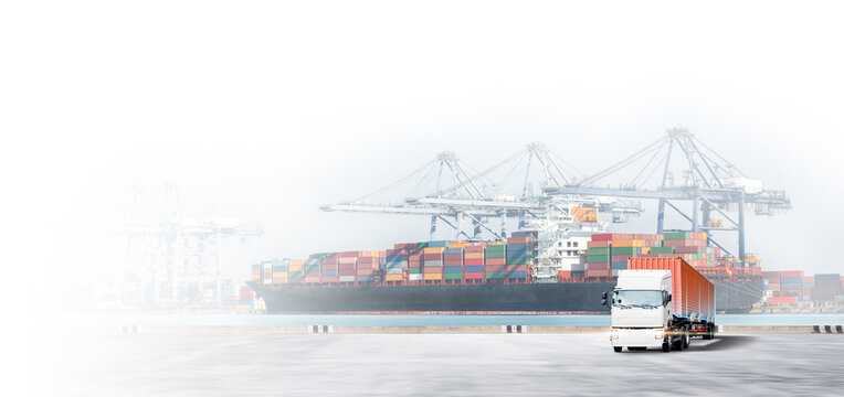 Global cargo transportation, container shipping, and port logistics. Truck delivering freight at a terminal.