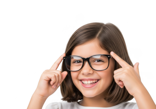 Young girl wearing glasses and smiling, pointing to her head isolated on transparent background