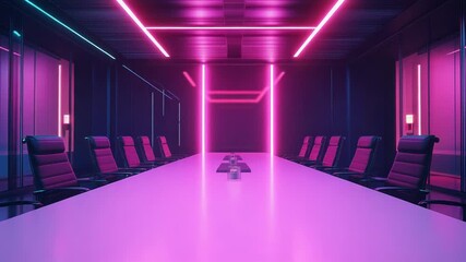 Futuristic conference room with vibrant neon lighting