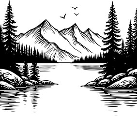 Mountain Lake Wilderness Illustration